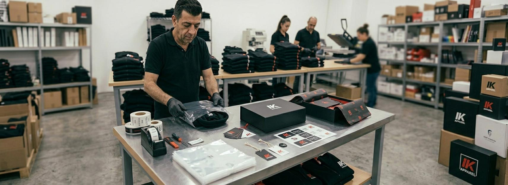 Custom packaging and retail finishing manufacturer for UK clothing brands, private label apparel packaging, hang tags, poly bags, barcode stickers, folding, labelling, and retail-ready clothing orders
