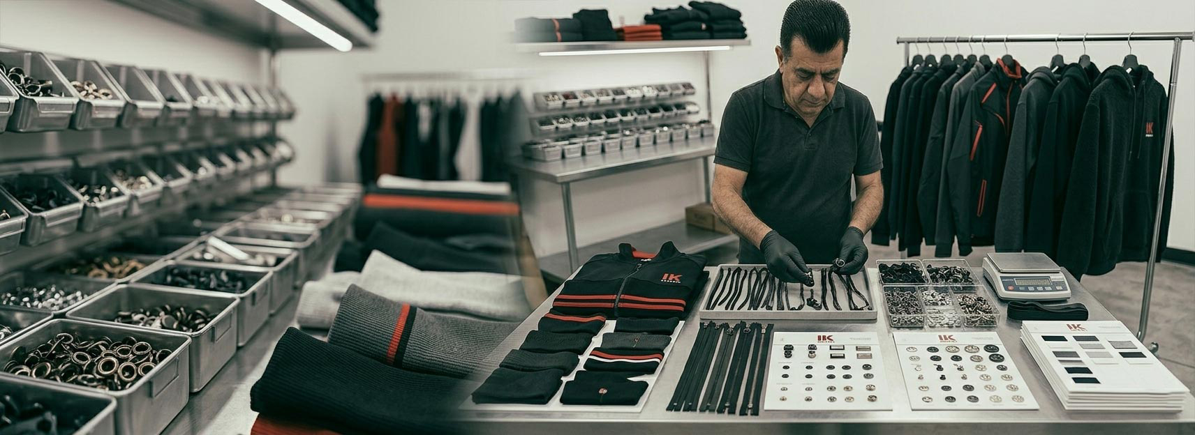 Custom trims and accessories manufacturer for UK apparel buyers, branded drawcords, custom zippers, buttons, eyelets, toggles, rib trims, garment hardware, labels, patches and private label clothing