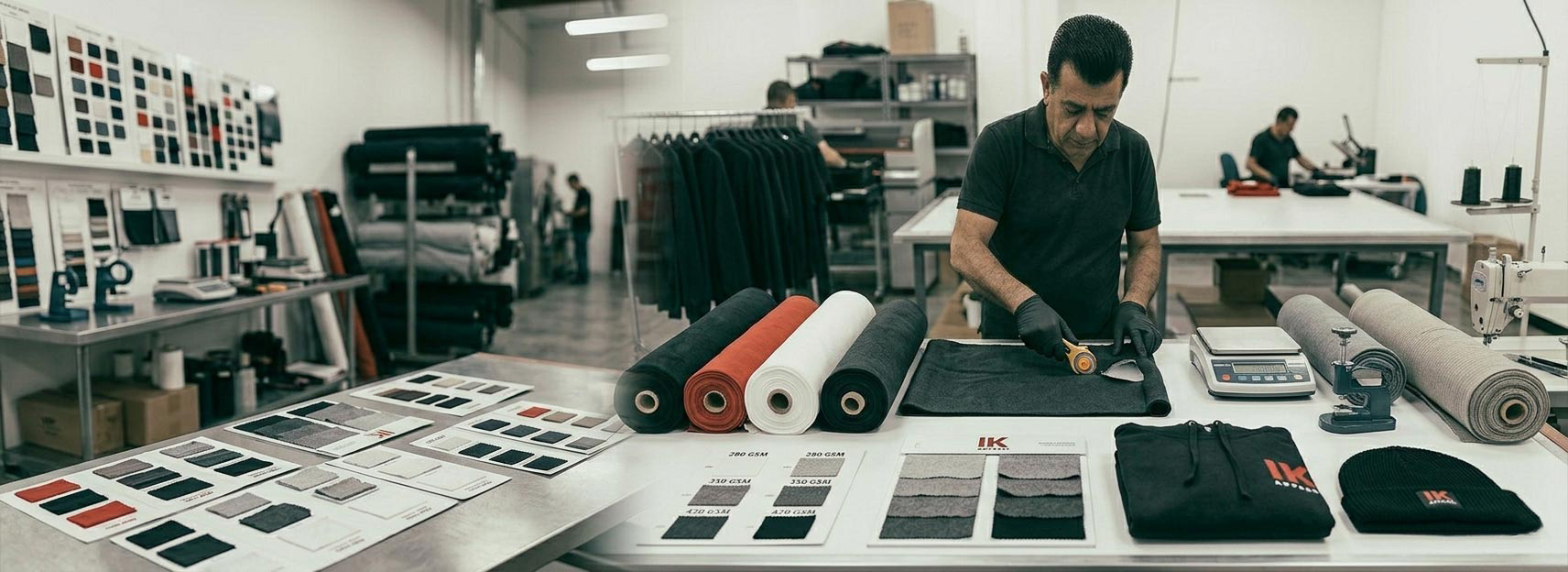 Fabric sourcing and GSM customisation manufacturer for UK apparel buyers, custom fabric selection, hoodie fabric, t-shirt GSM, fleece fabric, cotton jersey, performance fabrics, private label apparel, and custom clothing production