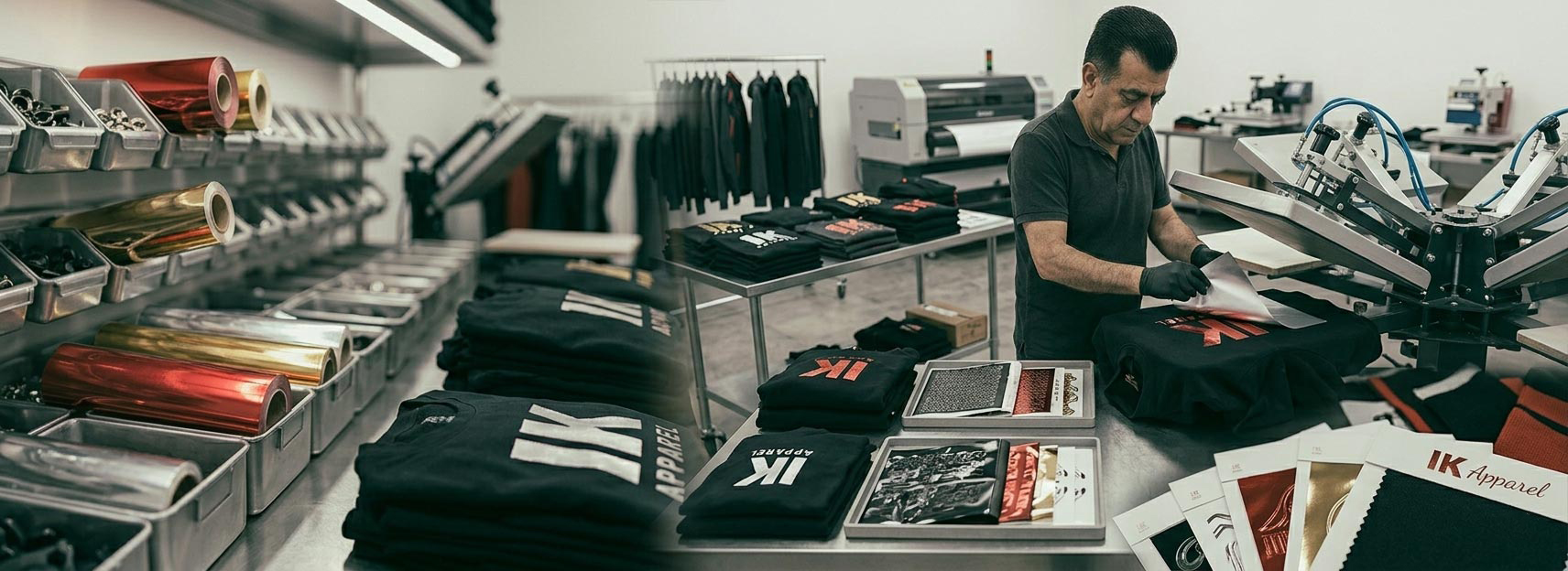 Foil printing manufacturer for UK apparel buyers, metallic foil t-shirts, foil print hoodies, gold foil logos, silver foil graphics, shiny streetwear prints, merch apparel, and private label clothing